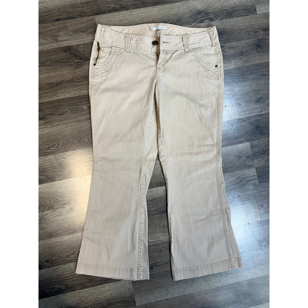 Maurices Khaki Flare Leg Pants Womens 14 Short Tan Stretch Y2K Mid Rise Trouser